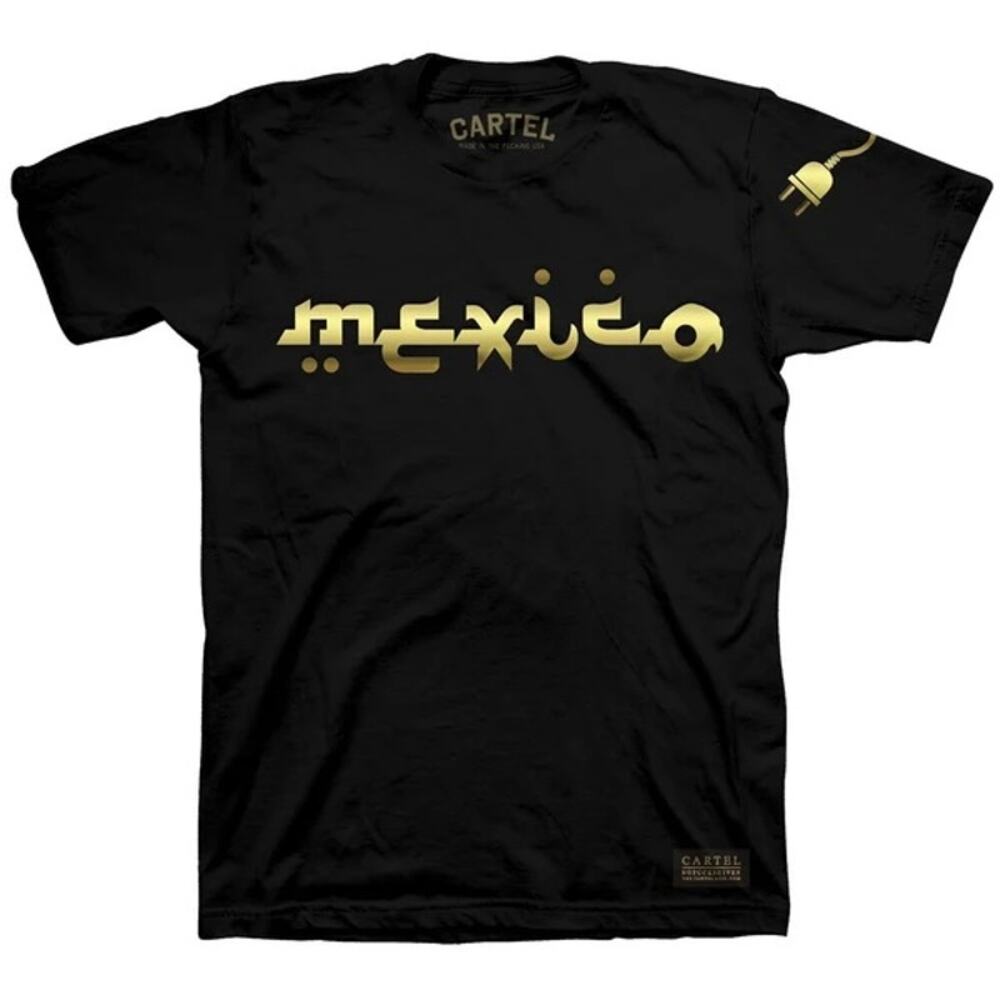 Cartel M black short-sleeve crew neck graphic t-shirt metallic gold Mexico Tee